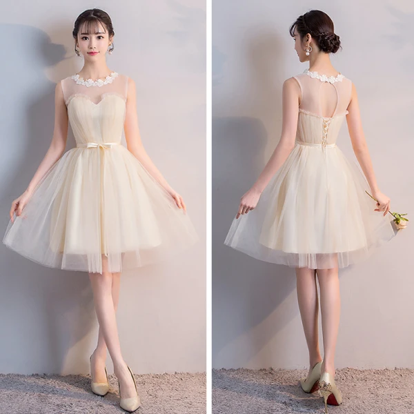 Abordable Champagne Transparentes Robe Demoiselle D'honneur 2018 Princesse Appliques En Dentelle Ceinture Courte Volants Dos Nu Robe Pour Mariage