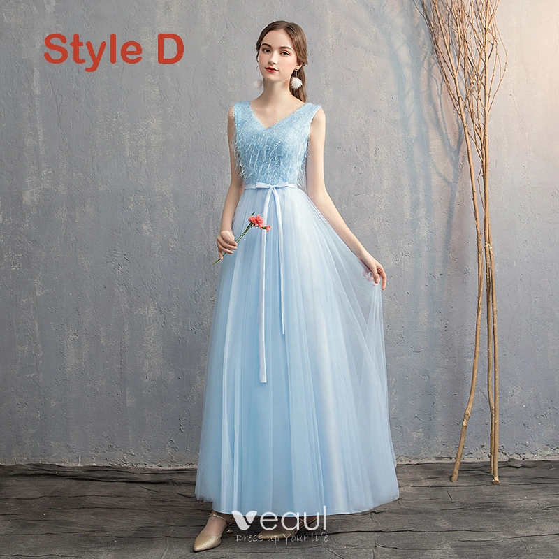Chic / Beautiful Affordable Pool Blue Bridesmaid Dresses 2019 A-Line /  Princess Sash Floor-Length / Long Ruffle Backless Wedding Party Dresses