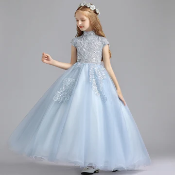 Elegant Sky Blue Flower Girl Dresses 2019 A Line Princess High Neck Sleeveless Appliques Lace Sequins Floor Length Long Ruffle Wedding Party Dresses