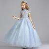 Elegant Sky Blue Flower Girl Dresses 2019 A-Line / Princess High Neck Sleeveless Appliques Lace Sequins Floor-Length / Long Ruffle Wedding Party Dresses