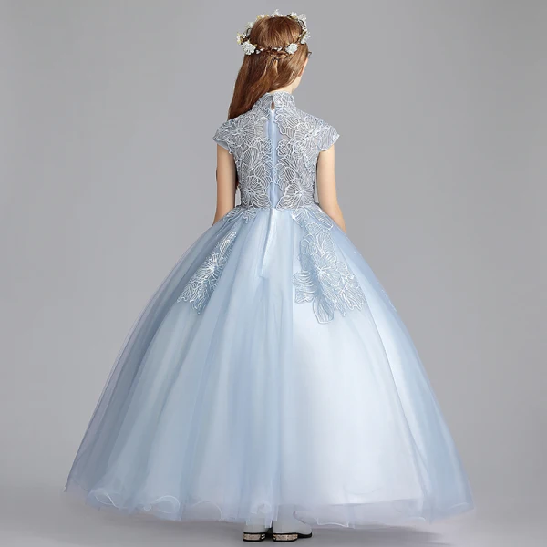 Elegant Sky Blue Flower Girl Dresses 2019 A-Line / Princess High Neck Sleeveless Appliques Lace Sequins Floor-Length / Long Ruffle Wedding Party Dresses