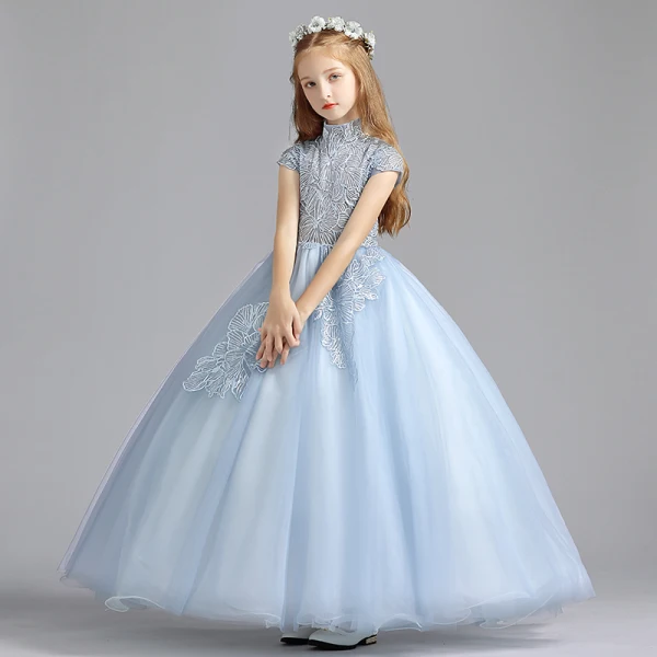 Elegant Sky Blue Flower Girl Dresses 2019 A-Line / Princess High Neck Sleeveless Appliques Lace Sequins Floor-Length / Long Ruffle Wedding Party Dresses