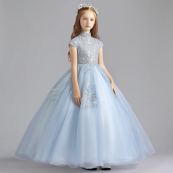 Elegant Sky Blue Flower Girl Dresses 2019 A-Line / Princess High Neck Sleeveless Appliques Lace Sequins Floor-Length / Long Ruffle Wedding Party Dresses