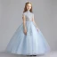 Elegant Sky Blue Flower Girl Dresses 2019 A-Line / Princess High Neck Sleeveless Appliques Lace Sequins Floor-Length / Long Ruffle Wedding Party Dresses