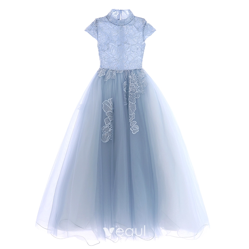 Elegant Sky Blue Flower Girl Dresses 2019 A Line Princess High Neck  Sleeveless Appliques Lace Sequins Floor Length Long Ruffle Wedding Party  Dresses