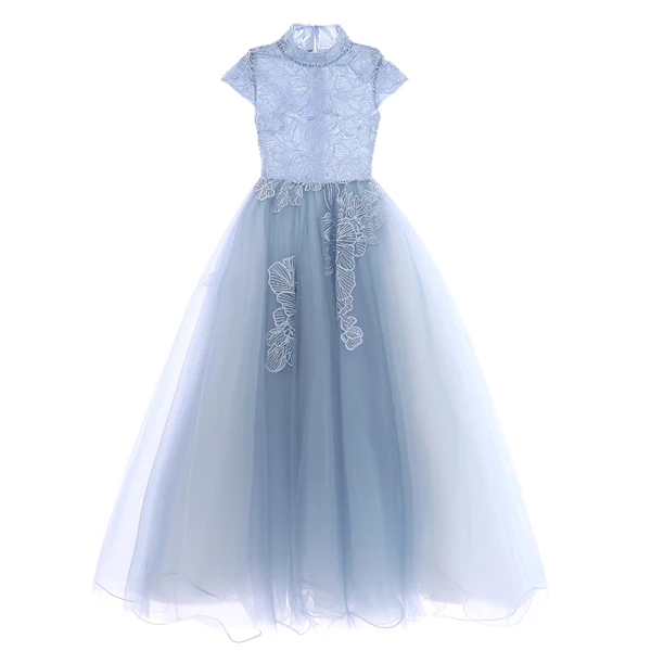 Elegant Sky Blue Flower Girl Dresses 2019 A-Line / Princess High Neck Sleeveless Appliques Lace Sequins Floor-Length / Long Ruffle Wedding Party Dresses