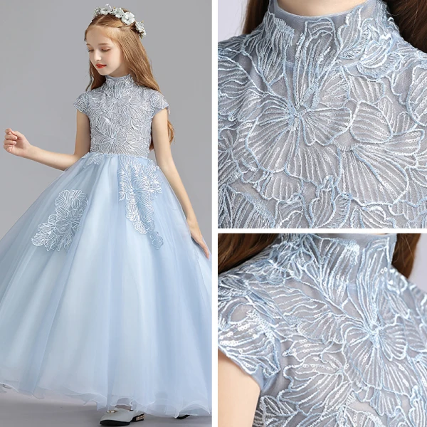 Elegant Sky Blue Flower Girl Dresses 2019 A-Line / Princess High Neck Sleeveless Appliques Lace Sequins Floor-Length / Long Ruffle Wedding Party Dresses