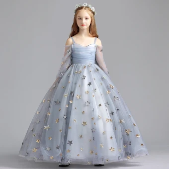 Elegant Grey Flower Girl Dresses 2019 A Line Princess Off The Shoulder Bell Sleeves Sequins Star Floor Length Long Ruffle Backless Wedding Party Dresses
