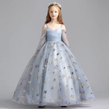 Elegant Grey Flower Girl Dresses 2019 A Line Princess Off The Shoulder Bell Sleeves Sequins Star Floor Length Long Ruffle Backless Wedding Party Dresses
