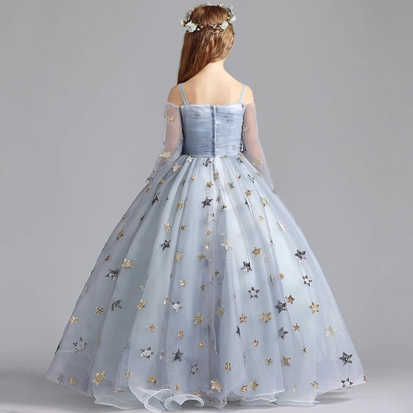 Elegant Grey Flower Girl Dresses 2019 A-Line / Princess Off-The-Shoulder Bell sleeves Sequins Star Floor-Length / Long Ruffle Backless Wedding Party Dresses
