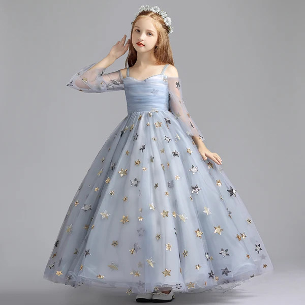 Elegant Grey Flower Girl Dresses 2019 A-Line / Princess Off-The-Shoulder Bell sleeves Sequins Star Floor-Length / Long Ruffle Backless Wedding Party Dresses