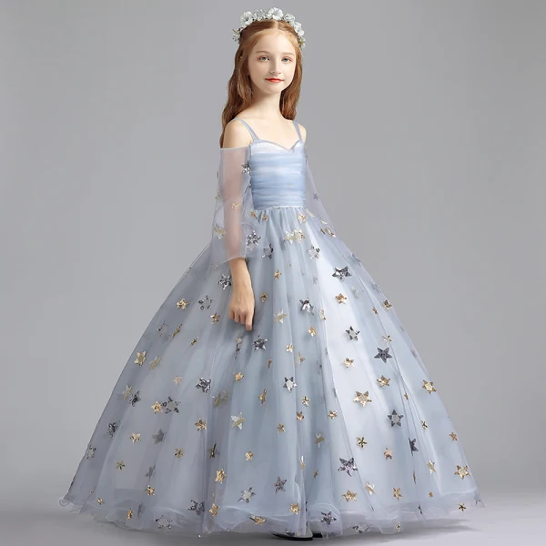 Elegant Grey Flower Girl Dresses 2019 A-Line / Princess Off-The-Shoulder Bell sleeves Sequins Star Floor-Length / Long Ruffle Backless Wedding Party Dresses