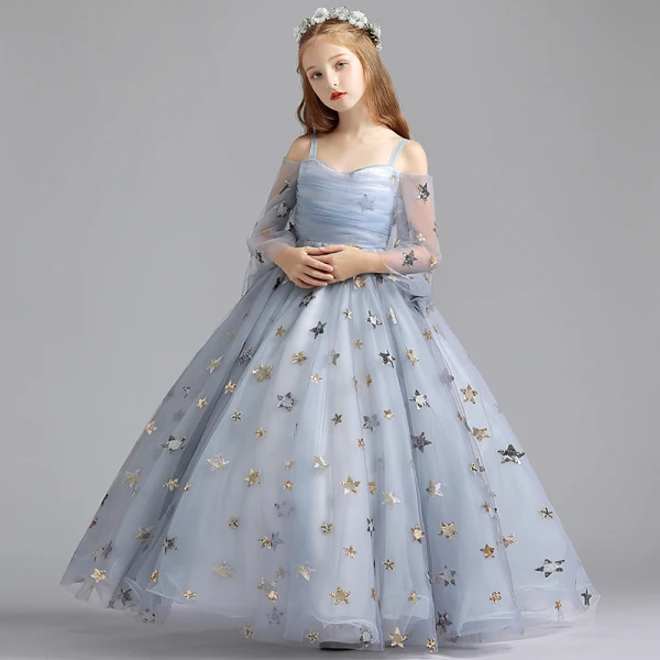 Elegant Grey Flower Girl Dresses 2019 A-Line / Princess Off-The-Shoulder Bell sleeves Sequins Star Floor-Length / Long Ruffle Backless Wedding Party Dresses