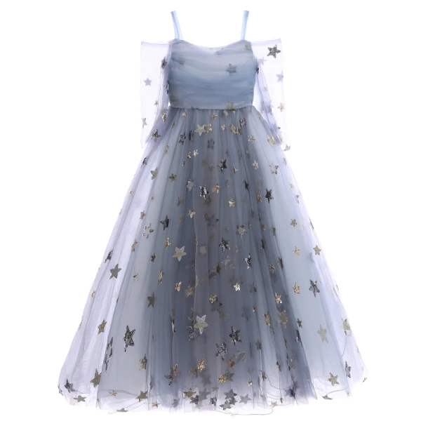 Elegant Grey Flower Girl Dresses 2019 A-Line / Princess Off-The-Shoulder Bell sleeves Sequins Star Floor-Length / Long Ruffle Backless Wedding Party Dresses