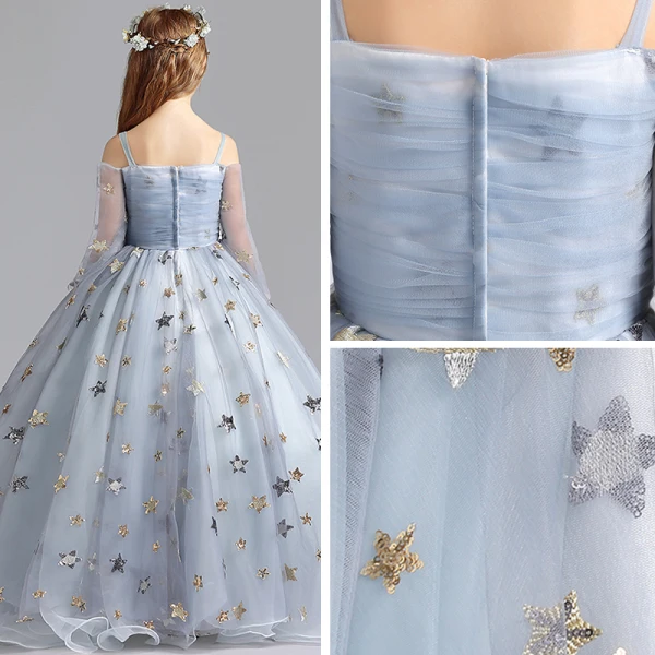 Elegant Grey Flower Girl Dresses 2019 A-Line / Princess Off-The-Shoulder Bell sleeves Sequins Star Floor-Length / Long Ruffle Backless Wedding Party Dresses