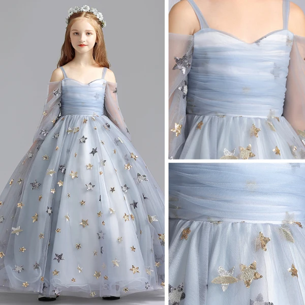 Elegant Grey Flower Girl Dresses 2019 A-Line / Princess Off-The-Shoulder Bell sleeves Sequins Star Floor-Length / Long Ruffle Backless Wedding Party Dresses
