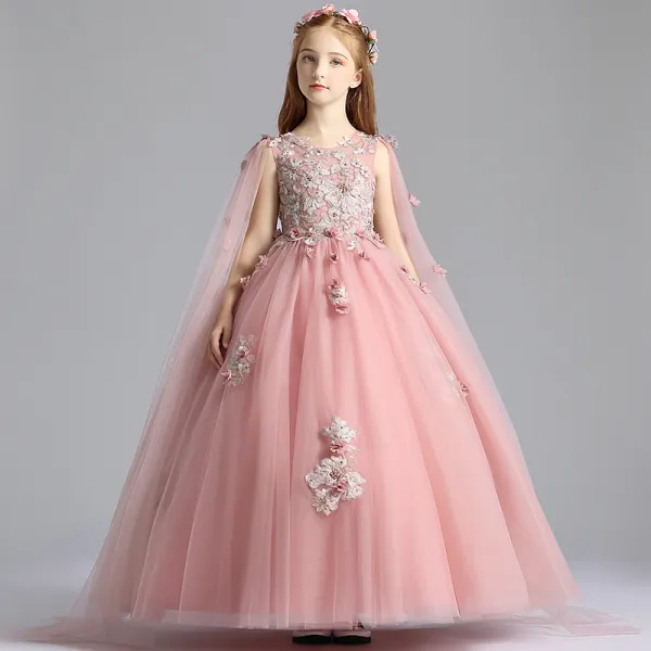 Chic / Beautiful Pearl Pink Flower Girl Dresses 2019 A-Line / Princess Scoop Neck Sleeveless Appliques Lace Flower Pearl Watteau Train Ruffle Wedding Party Dresses