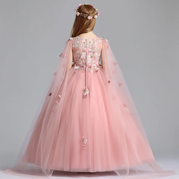 Chic / Beautiful Pearl Pink Flower Girl Dresses 2019 A-Line / Princess Scoop Neck Sleeveless Appliques Lace Flower Pearl Watteau Train Ruffle Wedding Party Dresses