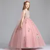 Chic / Beautiful Pearl Pink Flower Girl Dresses 2019 A-Line / Princess Scoop Neck Sleeveless Appliques Lace Flower Pearl Watteau Train Ruffle Wedding Party Dresses