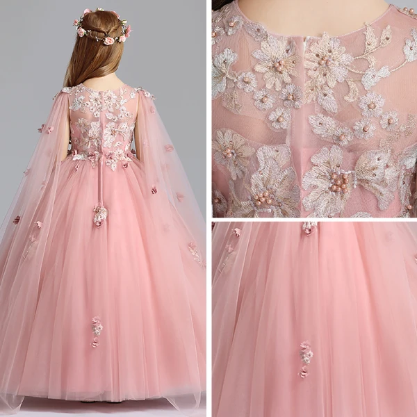 Chic / Beautiful Pearl Pink Flower Girl Dresses 2019 A-Line / Princess Scoop Neck Sleeveless Appliques Lace Flower Pearl Watteau Train Ruffle Wedding Party Dresses