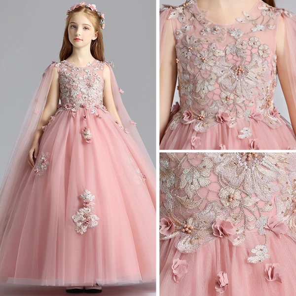 Chic / Beautiful Pearl Pink Flower Girl Dresses 2019 A-Line / Princess Scoop Neck Sleeveless Appliques Lace Flower Pearl Watteau Train Ruffle Wedding Party Dresses