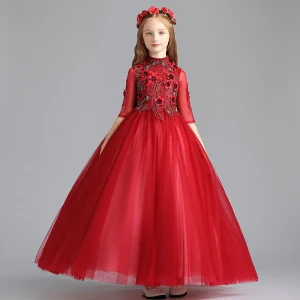 Chic Beautiful Red Flower Girl Dresses 2019 A Line Princess High Neck 1 2 Sleeves Appliques Lace Pearl Rhinestone Floor Length Long Ruffle Wedding Party Dresses