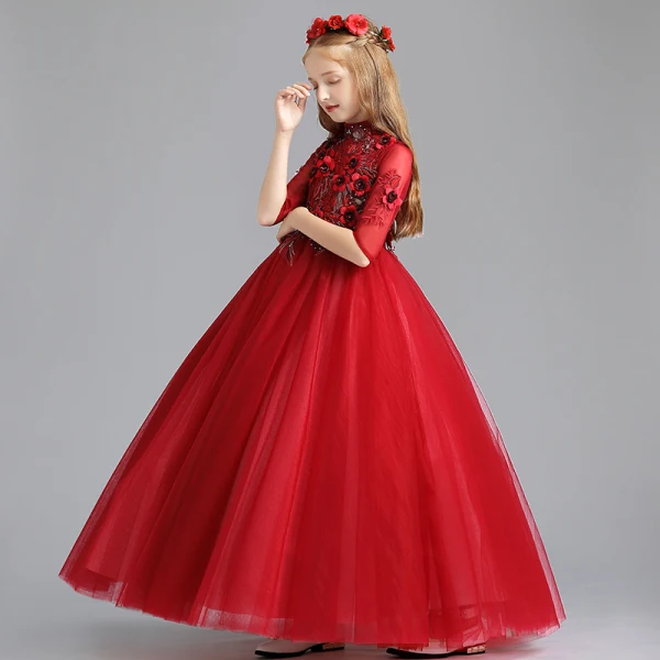 Chic / Beautiful Red Flower Girl Dresses 2019 A-Line / Princess High Neck 1/2 Sleeves Appliques Lace Pearl Rhinestone Floor-Length / Long Ruffle Wedding Party Dresses