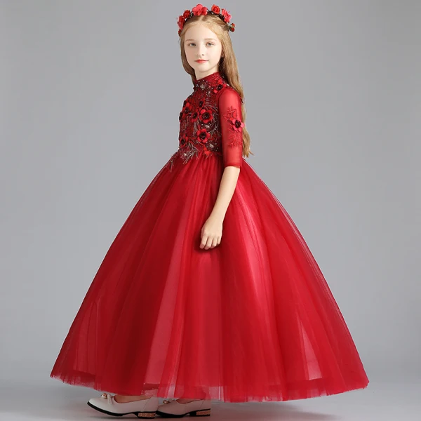 Chic / Beautiful Red Flower Girl Dresses 2019 A-Line / Princess High Neck 1/2 Sleeves Appliques Lace Pearl Rhinestone Floor-Length / Long Ruffle Wedding Party Dresses