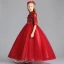 Chic / Beautiful Red Flower Girl Dresses 2019 A-Line / Princess High Neck 1/2 Sleeves Appliques Lace Pearl Rhinestone Floor-Length / Long Ruffle Wedding Party Dresses