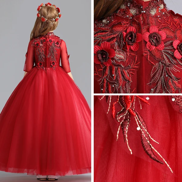 Chic / Beautiful Red Flower Girl Dresses 2019 A-Line / Princess High Neck 1/2 Sleeves Appliques Lace Pearl Rhinestone Floor-Length / Long Ruffle Wedding Party Dresses