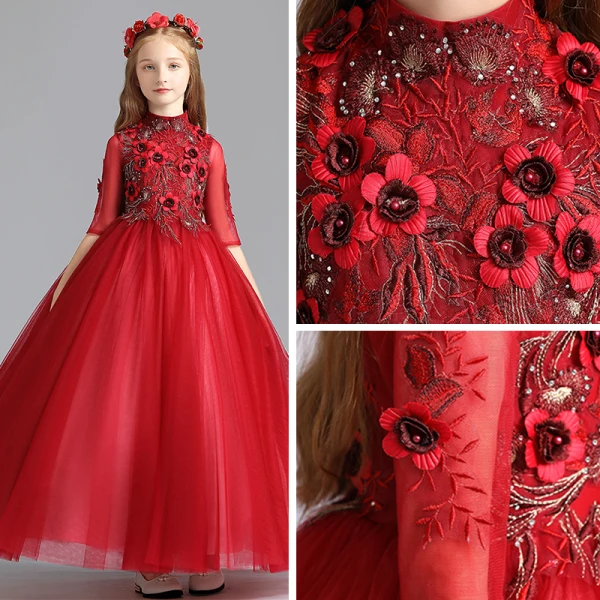 Chic / Beautiful Red Flower Girl Dresses 2019 A-Line / Princess High Neck 1/2 Sleeves Appliques Lace Pearl Rhinestone Floor-Length / Long Ruffle Wedding Party Dresses