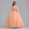 Chic / Beautiful Orange Flower Girl Dresses 2019 A-Line / Princess V-Neck Sleeveless Appliques Lace Pearl Watteau Train Ruffle Wedding Party Dresses