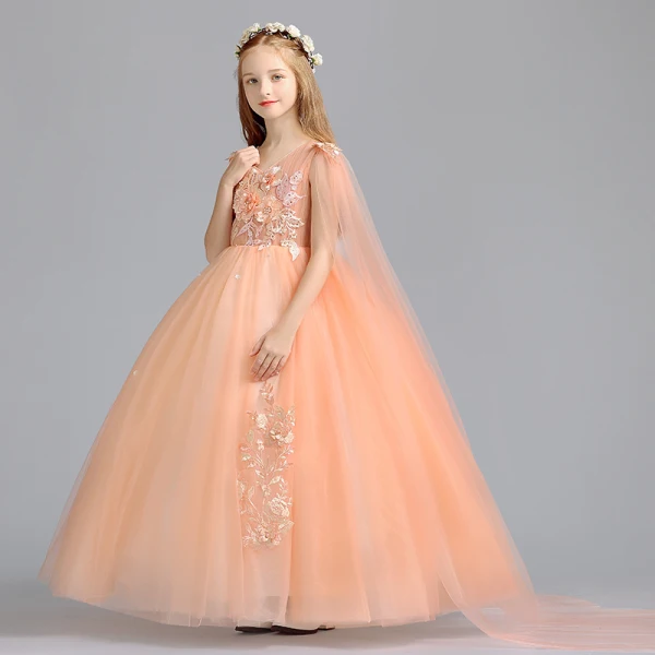 Chic / Beautiful Orange Flower Girl Dresses 2019 A-Line / Princess V-Neck Sleeveless Appliques Lace Pearl Watteau Train Ruffle Wedding Party Dresses
