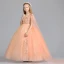 Chic / Beautiful Orange Flower Girl Dresses 2019 A-Line / Princess V-Neck Sleeveless Appliques Lace Pearl Watteau Train Ruffle Wedding Party Dresses