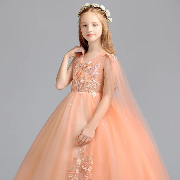 Chic / Beautiful Orange Flower Girl Dresses 2019 A-Line / Princess V-Neck Sleeveless Appliques Lace Pearl Watteau Train Ruffle Wedding Party Dresses