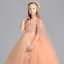 Chic / Beautiful Orange Flower Girl Dresses 2019 A-Line / Princess V-Neck Sleeveless Appliques Lace Pearl Watteau Train Ruffle Wedding Party Dresses