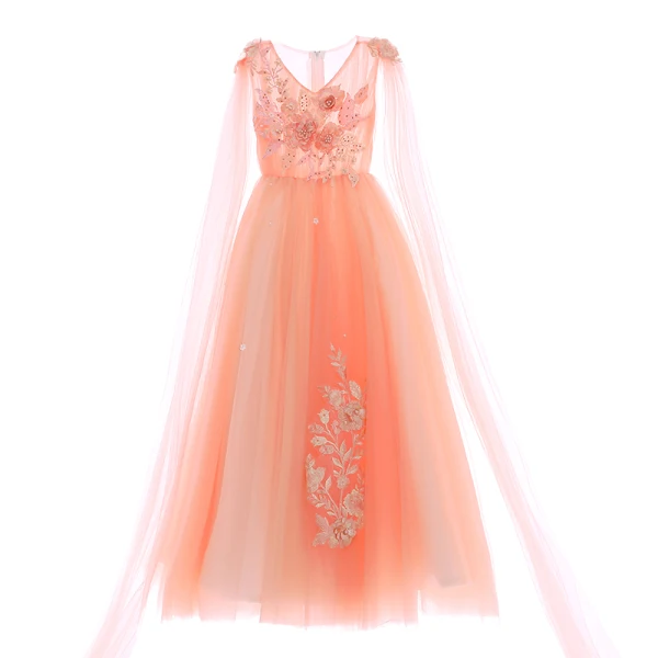 Chic / Beautiful Orange Flower Girl Dresses 2019 A-Line / Princess V-Neck Sleeveless Appliques Lace Pearl Watteau Train Ruffle Wedding Party Dresses