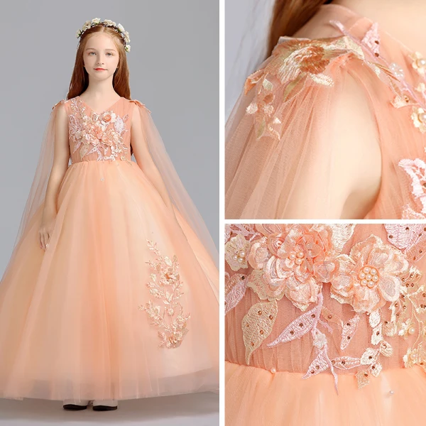 Chic / Beautiful Orange Flower Girl Dresses 2019 A-Line / Princess V-Neck Sleeveless Appliques Lace Pearl Watteau Train Ruffle Wedding Party Dresses