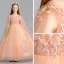 Chic / Beautiful Orange Flower Girl Dresses 2019 A-Line / Princess V-Neck Sleeveless Appliques Lace Pearl Watteau Train Ruffle Wedding Party Dresses