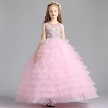 Best Blushing Pink Flower Girl Dresses 2019 Ball Gown Scoop Neck Sleeveless Appliques Lace Beading Floor Length Long Cascading Ruffles Wedding Party Dresses