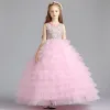Best Blushing Pink Flower Girl Dresses 2019 Ball Gown Scoop Neck Sleeveless Appliques Lace Beading Floor-Length / Long Cascading Ruffles Wedding Party Dresses