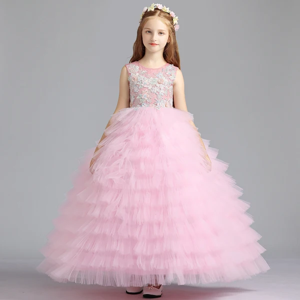 Best Blushing Pink Flower Girl Dresses 2019 Ball Gown Scoop Neck Sleeveless Appliques Lace Beading Floor-Length / Long Cascading Ruffles Wedding Party Dresses