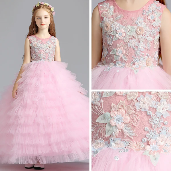 Best Blushing Pink Flower Girl Dresses 2019 Ball Gown Scoop Neck Sleeveless Appliques Lace Beading Floor-Length / Long Cascading Ruffles Wedding Party Dresses