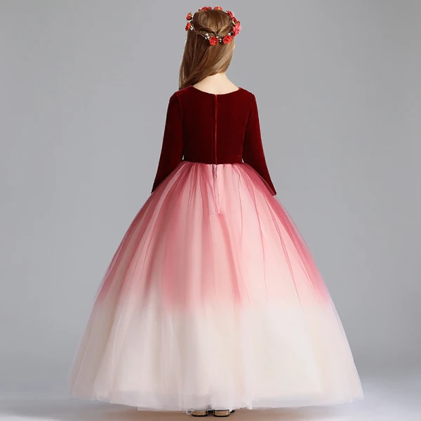 Chic / Belle Bordeaux Dégradé De Couleur Daim Robe Ceremonie Fille 2019 Princesse Encolure Dégagée 3/4 Manches Longue Volants Robe Pour Mariage