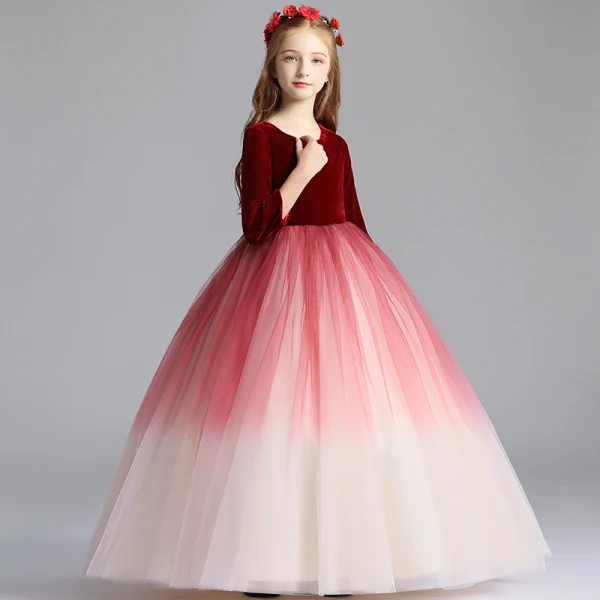 Chic / Belle Bordeaux Dégradé De Couleur Daim Robe Ceremonie Fille 2019 Princesse Encolure Dégagée 3/4 Manches Longue Volants Robe Pour Mariage
