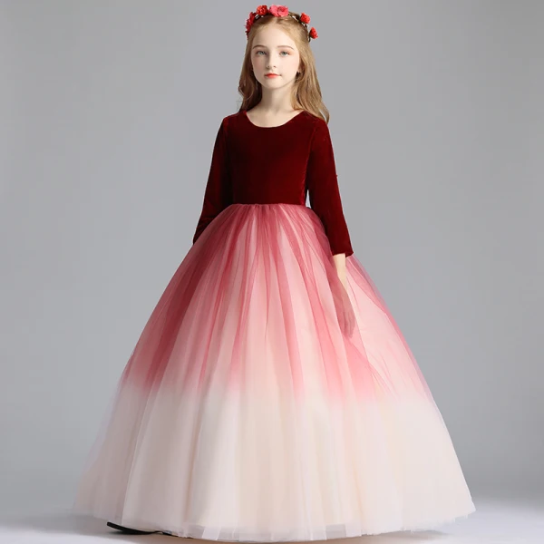 Chic / Belle Bordeaux Dégradé De Couleur Daim Robe Ceremonie Fille 2019 Princesse Encolure Dégagée 3/4 Manches Longue Volants Robe Pour Mariage