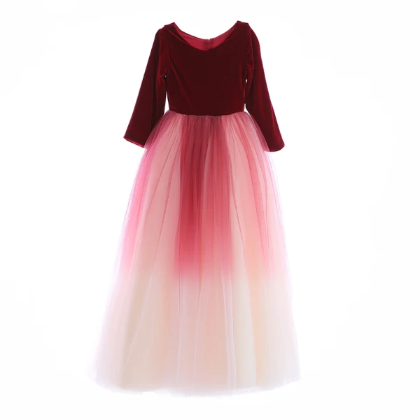 Chic / Belle Bordeaux Dégradé De Couleur Daim Robe Ceremonie Fille 2019 Princesse Encolure Dégagée 3/4 Manches Longue Volants Robe Pour Mariage