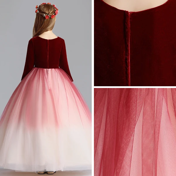 Chic / Belle Bordeaux Dégradé De Couleur Daim Robe Ceremonie Fille 2019 Princesse Encolure Dégagée 3/4 Manches Longue Volants Robe Pour Mariage