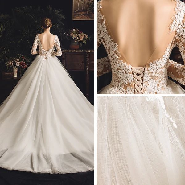 Illusion Elfenben Genomskinliga Bröllopsklänningar 2019 Prinsessa Fyrkantig Ringning Långärmad Halterneck Appliqués Spets Chapel Train Ruffle