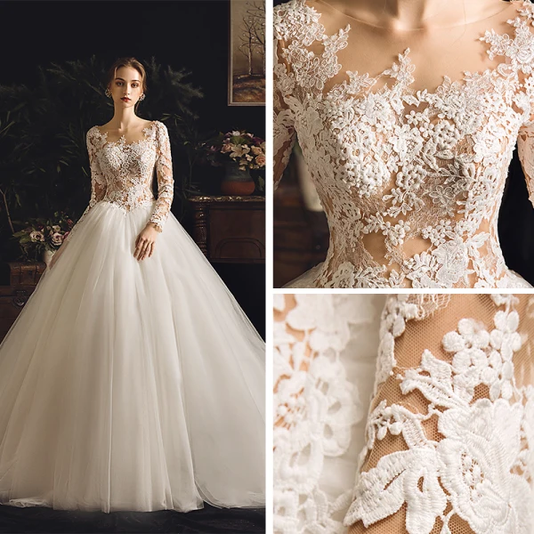 Illusion Elfenben Genomskinliga Bröllopsklänningar 2019 Prinsessa Fyrkantig Ringning Långärmad Halterneck Appliqués Spets Chapel Train Ruffle